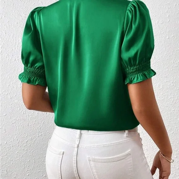 Elegant Green Women's Satin Puff Sleeve Front button Top - Picture 5 of 7